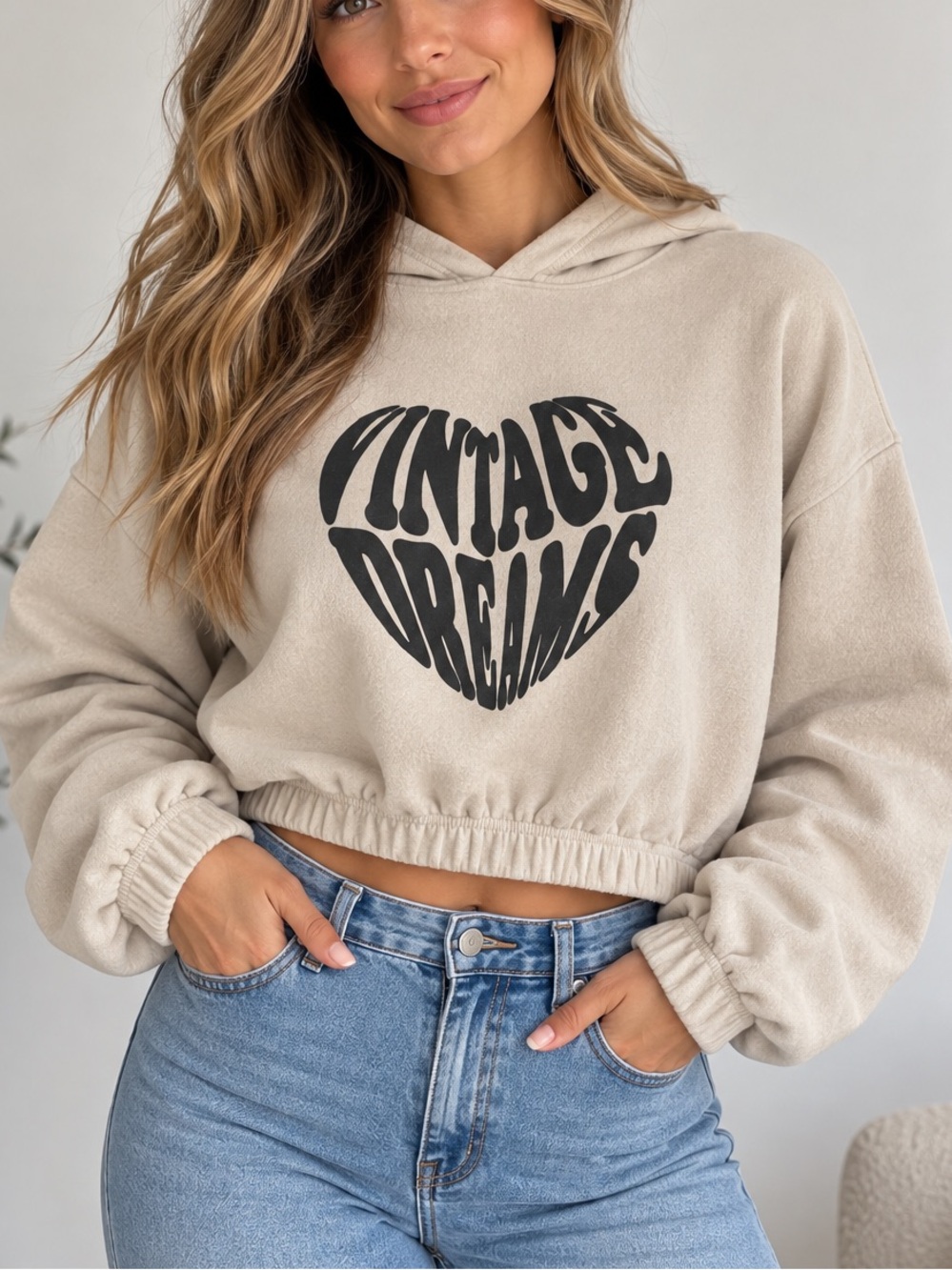 Harlow Vintage Dreams Cropped Hoodie Graphic Sweatshirt Cream Size M